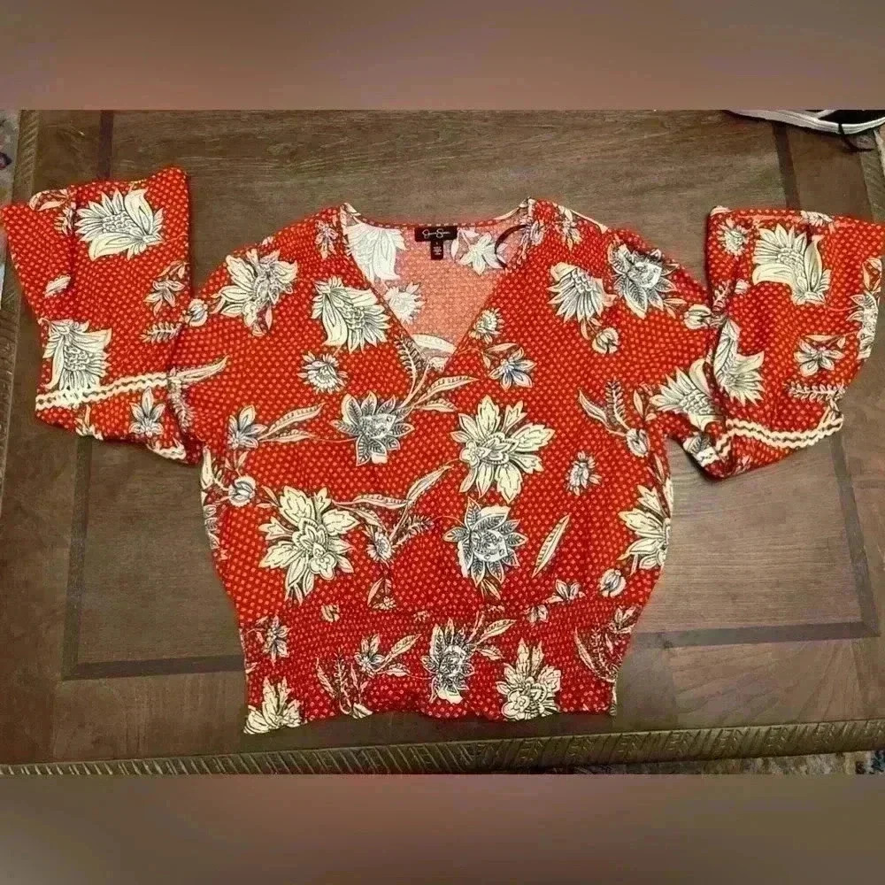 Jessica Simpson Tops | Floral Print Blouse | Color: Cream/Red | Size: L
